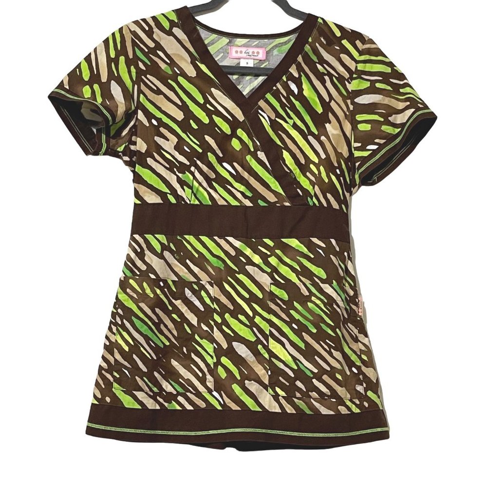 Koi women’s size S v neck green animal print short sleeve faux wrap scrub top